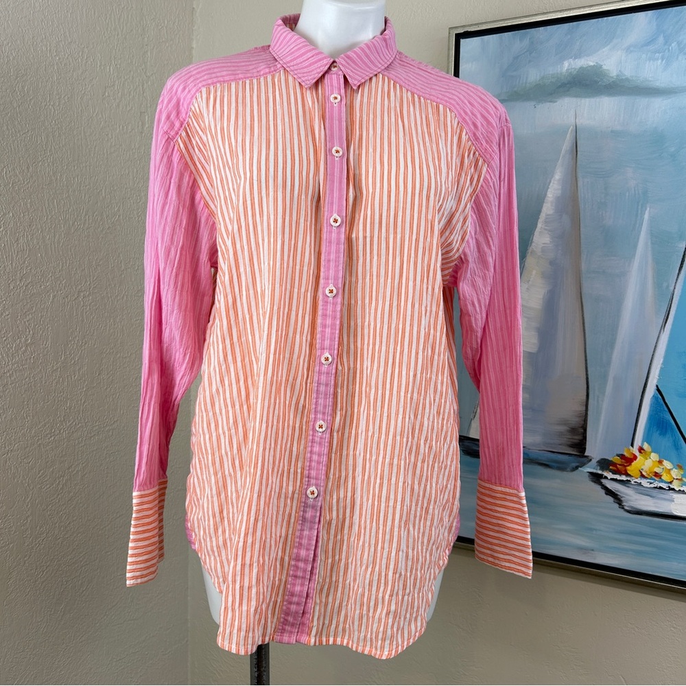 Anthropologie Maeve Button-Front Shirt Pink Orange Striped size med - Picture 2 of 10